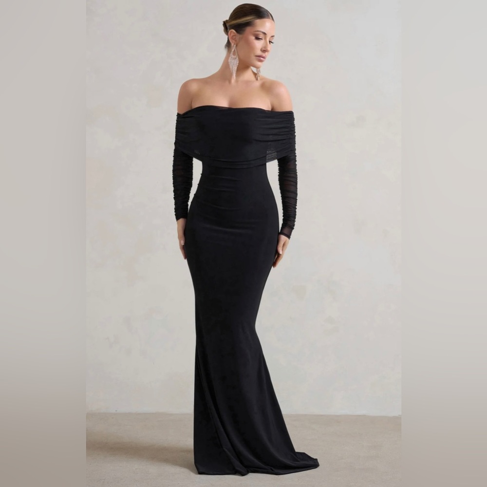 CLUB L LONDON Madeleine Off Shoulder Formal Dress with Mesh Bardot Long Sleeves